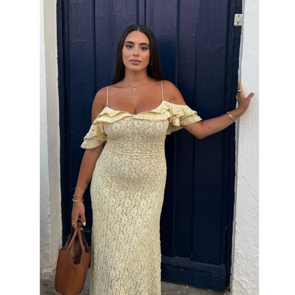 NWT! Zara (M) Boho Butter Yellow Lace Embellished Off the Shoulder Maxi Dress